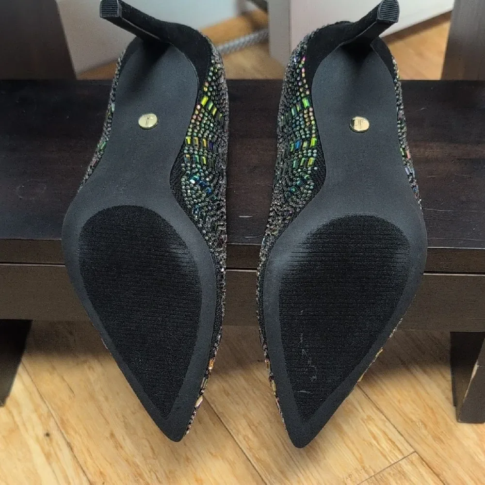 Thalia Sodi Black Stiletto Heels Vibrant Multicolor Rhinestones Size 5.5 NEW